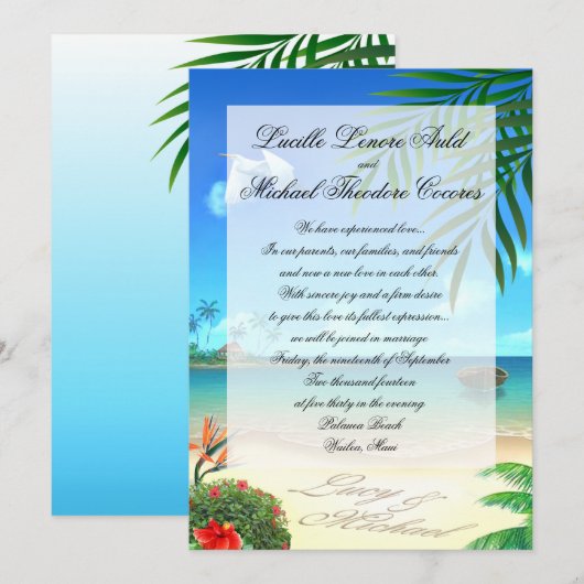 Exotic Beach Wedding "Imitats Vellum" Einladung (Vorne/Hinten)