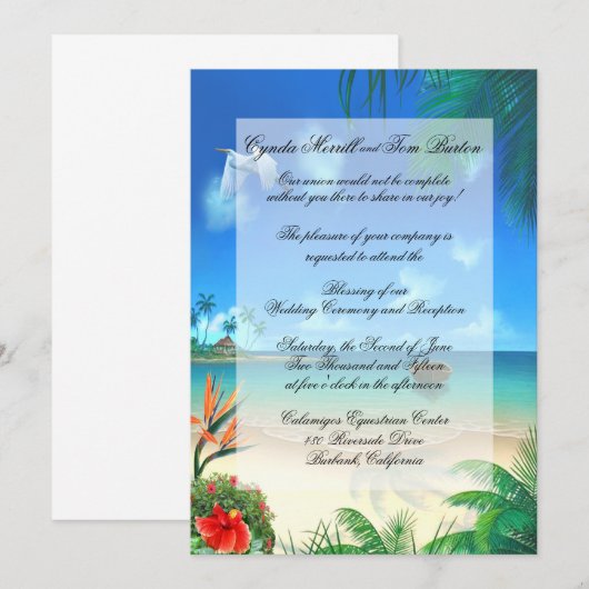 Exotic Beach Wedding "Imitats Vellum" Einladung (Vorne/Hinten)