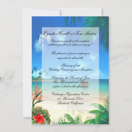 Exotic Beach Wedding "Imitats Vellum" Einladung (Vorderseite)
