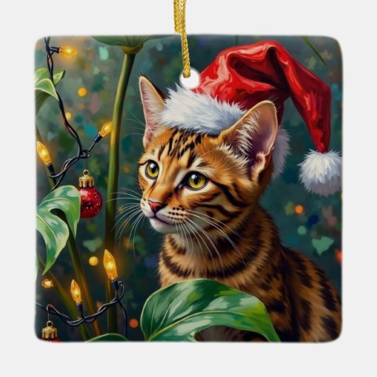 Exotic Bengal Cat Jungle Christmas Playtime Art Keramikornament (Vorderseite)