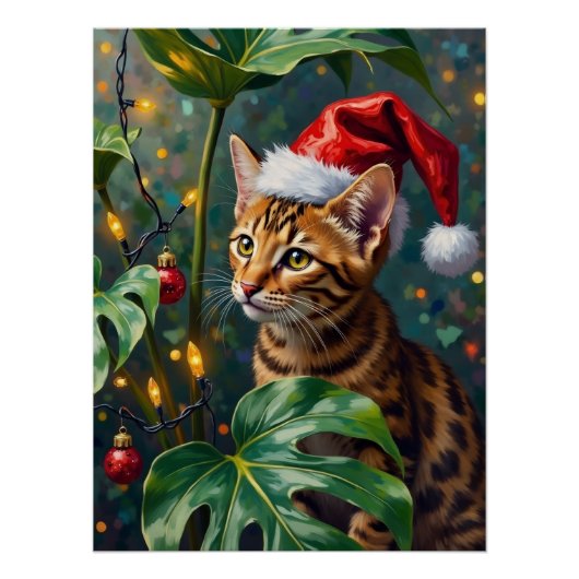 Exotic Bengal Cat Jungle Christmas Playtime Art Poster (Vorderseite)