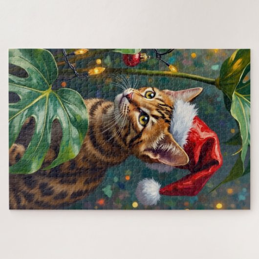 Exotic Bengal Cat Jungle Christmas Playtime Art Puzzle (Horizontal)