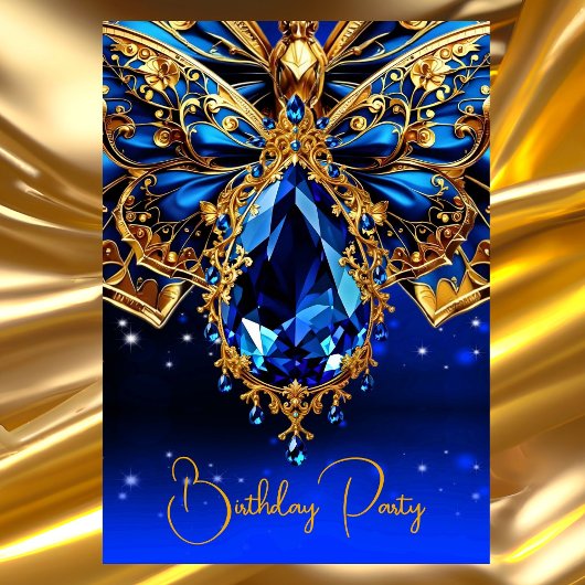 Exotic Birthday Colbolt Blue Gold Jewel Butterfly Einladung