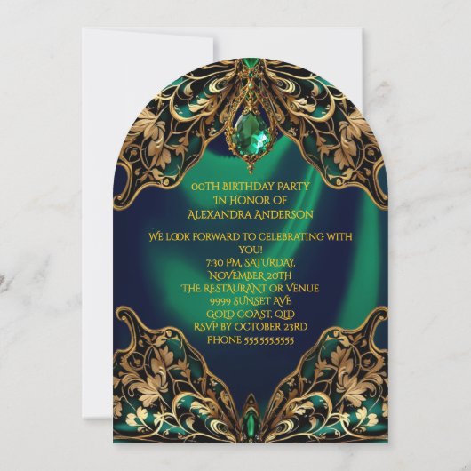 Exotic Birthday Green Gold Jewel Butterfly Einladung (Rückseite)