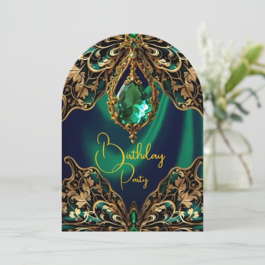 Exotic Birthday Green Gold Jewel Butterfly Einladung (Stehend Vorderseite)