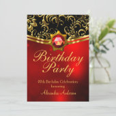 Exotic Birthday Party Red Black Gold Damask Einladung (Stehend Vorderseite)