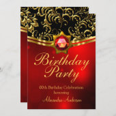 Exotic Birthday Party Red Black Gold Damask Einladung (Vorne/Hinten)