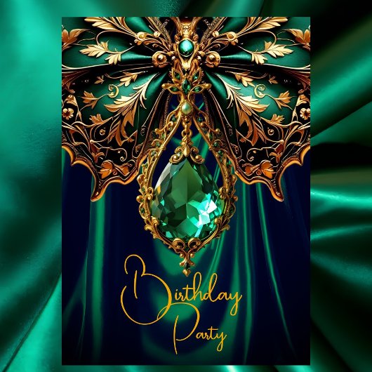 Exotic Birthday Rich Green Gold Jewel Butterfly Einladung