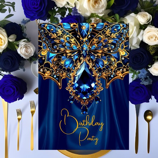 Exotic Birthday Steel Blue Gold Jewel Butterfly Einladung
