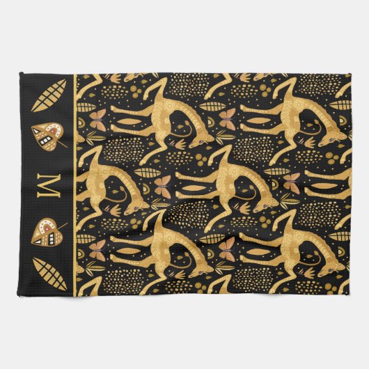 Exotic Black Gold Giraffe Boho Monogram Geschirrtuch (Horizontal)