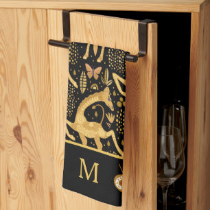 Exotic Black Gold Giraffe Boho Monogram Geschirrtuch