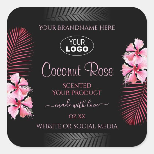 Exotic Black Product Label Pink Hawaii Blume Logo Quadratischer Aufkleber (Vorderseite)