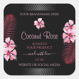 Exotic Black Product Labels Pink Hawaii Blume Quadratischer Aufkleber