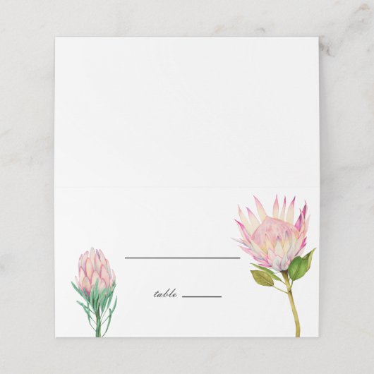 Exotic Blush Pink Protea Blume Wedding Platzkarte (Außenseite Aufgefaltet)