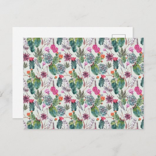 Exotic Boho Wasserfarbenkaktus und sukkulentes Mus Postkarte (Vorne/Hinten)