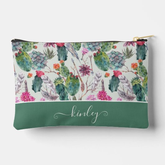 Exotic Boho Wasserfarbenkaktus und sukkulentes Mus Zubehörtasche (Rückseite)