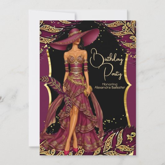Exotic Burgundy Dress Gold Feather Birthday Party Einladung (Vorderseite)