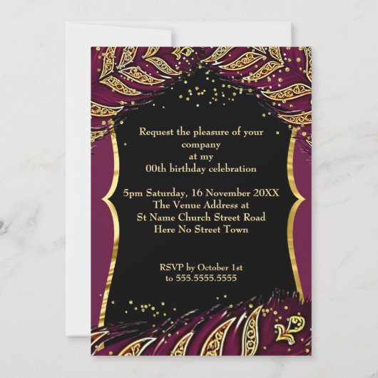 Exotic Burgundy Dress Gold Feather Birthday Party Einladung (Rückseite)