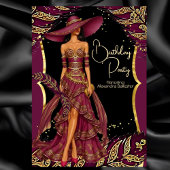 Exotic Burgundy Dress Gold Feather Birthday Party Einladung