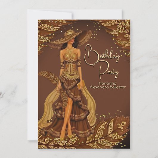 Exotic Chocolate Dress Gold Feather Birthday Party Einladung (Vorderseite)