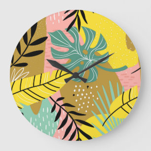 Exotic Collage: Muster tropischer Pflanze Große Wanduhr