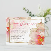 Exotic Coral Rose Peony Couple's Dusche Einladung (Stehend Vorderseite)