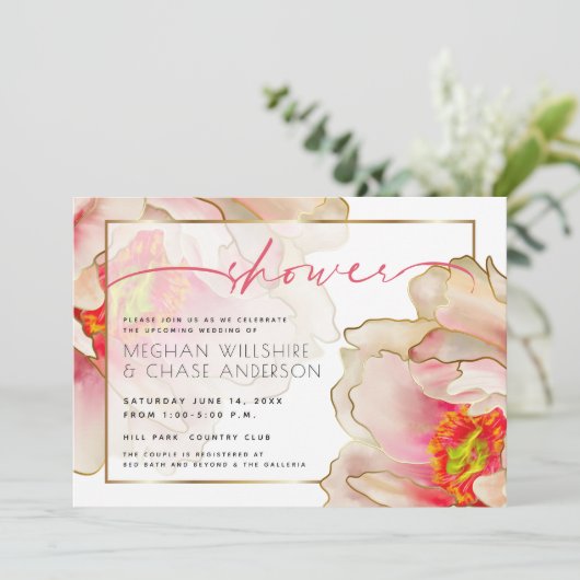 Exotic Coral Rose Peony Couple's Dusche Einladung (Stehend Vorderseite)