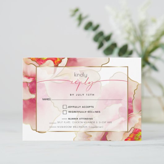 Exotic Coral Rose Peony Meal Choice RSVP Karte (Stehend Vorderseite)