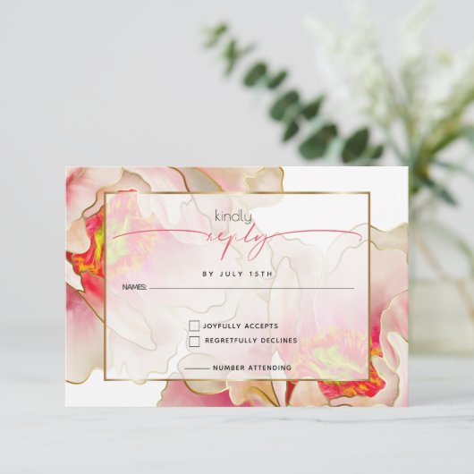 Exotic Coral Rose Peony RSVP Card (Stehend Vorderseite)