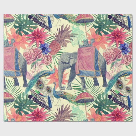 Exotic Elephant Peacock Hübsch Geschenkpapier (Flach)