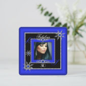 Exotic Fabulous Royal Blue Silver Snowflake Foto Einladung (Stehend Vorderseite)