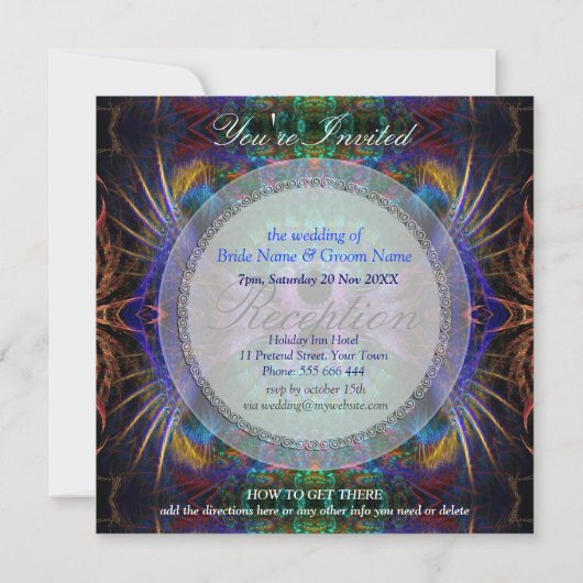 Exotic Fraktal Feathers Wedding Reception lädt ein Einladung (Rückseite)