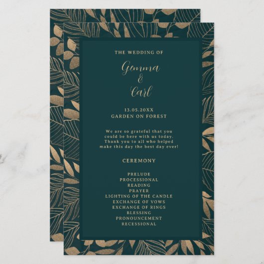 Exotic Gold Foliage Leaf Zeremonie Programm (Vorne/Hinten)