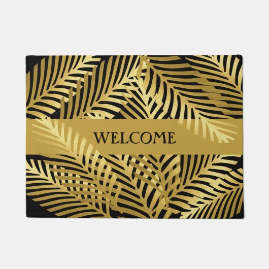 Exotic Golden Palm Leaf Muster auf schwarz Fußmatte (Vorderseite)