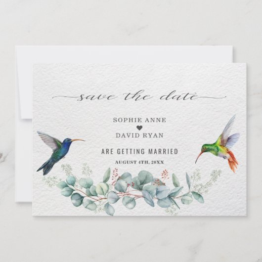Exotic Hummingbirds Eucalyptus Protea Wedding Save The Date (Vorderseite)