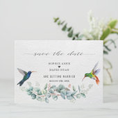 Exotic Hummingbirds Eucalyptus Protea Wedding Save The Date (Stehend Vorderseite)