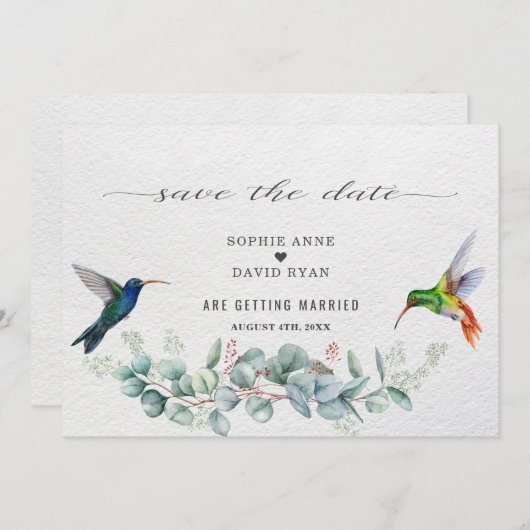 Exotic Hummingbirds Eucalyptus Protea Wedding  Save The Date (Vorne/Hinten)