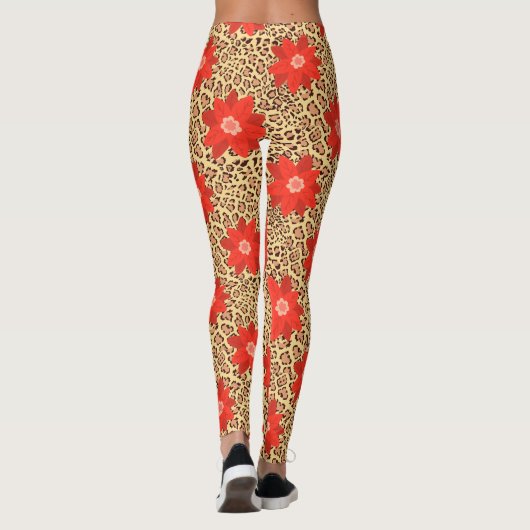 Exotic Luxus Leopard mit roter Blume Print Leggings (Rückseite)