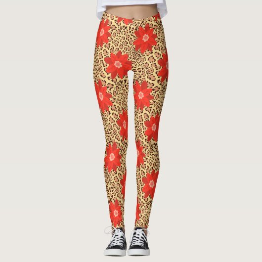 Exotic Luxus Leopard mit roter Blume Print Leggings (Vorderseite)