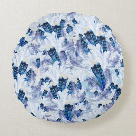 Exotic Mix Blue Bird Feder Print Rundes Kissen (Vorderseite)