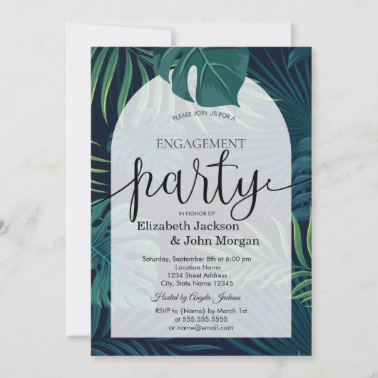 Exotic Palm Blätter Engagement Party Einladung (Vorderseite)