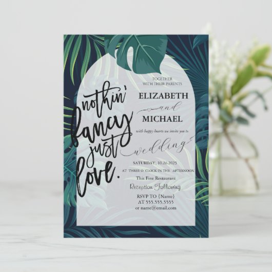 Exotic Palm Blätter Wedding Einladung (Stehend Vorderseite)