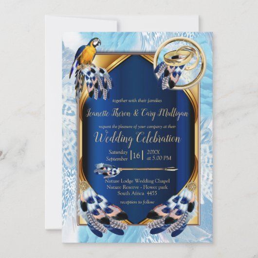 Exotic-Parrot-Blauer-Tönfedern Hochzeit Einladung (Vorderseite)