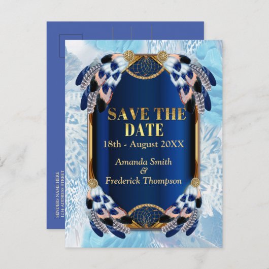 Exotic-Parrot Blue-Federn Speichern Sie die Daten Ankündigungspostkarte (Vorne/Hinten)