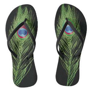 Exotic Peacock Feather on Black Badesandalen
