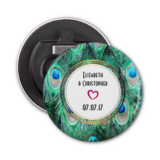 Exotic Peacock Feathers Gastgeschenk Hochzeit Flaschenöffner (Vorderseite)