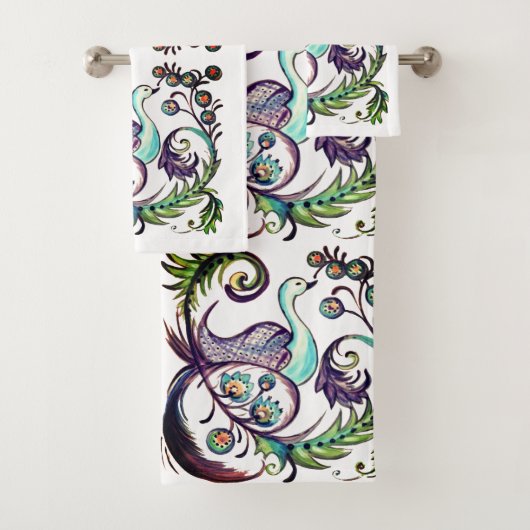 Exotic Peacock PurpleTürkis Scroll Chinoiserie Badhandtuch Set (Insitu)