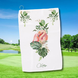 Exotic Pink Flamingo Tropical Watercolor und Name Golfhandtuch