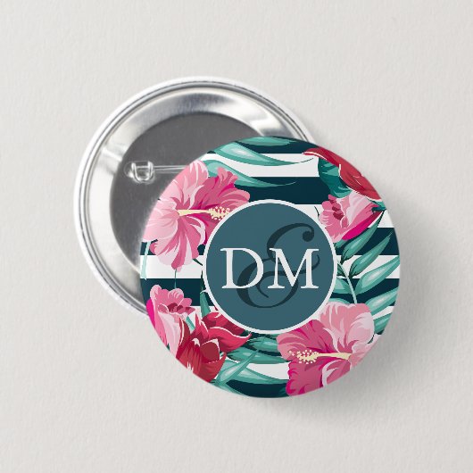 Exotic Summer Blume Monogramm gestreift Button (Vorne & Hinten)