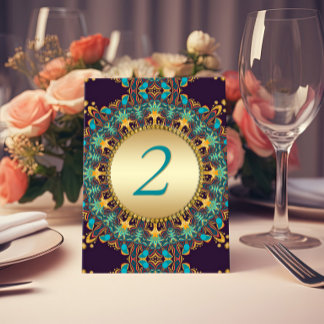 Exotic Teal Dark Blue Gold Tribal Bohemian Mandala Tischnummer